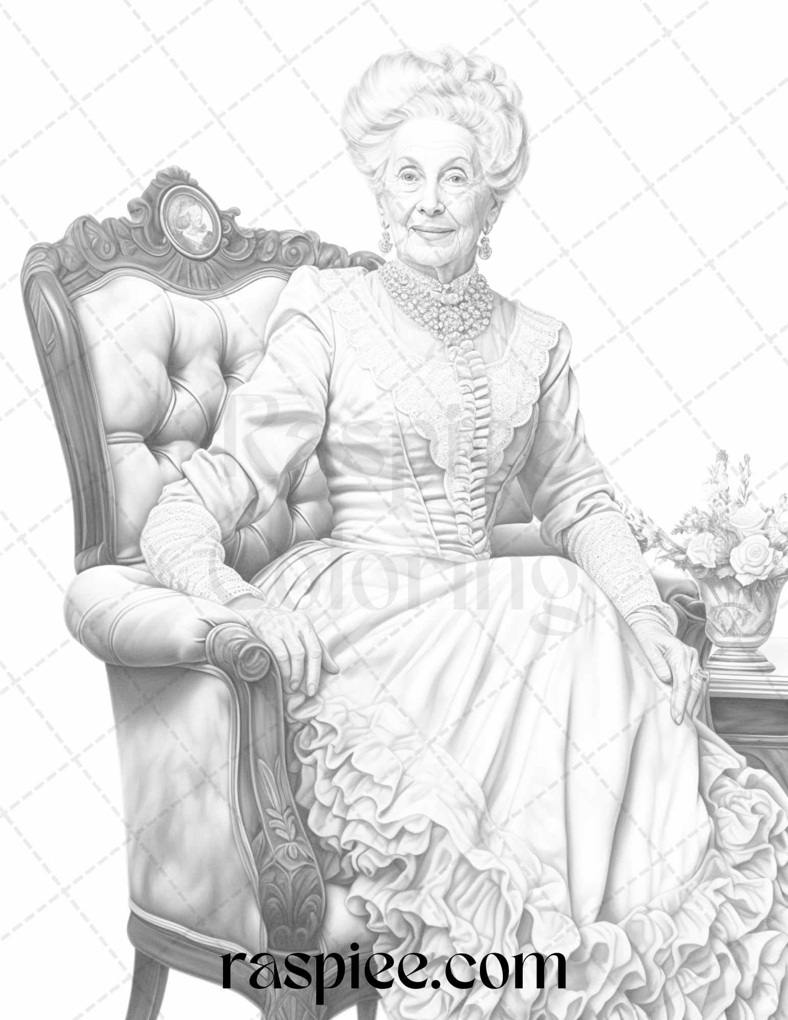 50 Victorian Grandma Grayscale Coloring Pages Printable for Adults, PDF File Instant Download