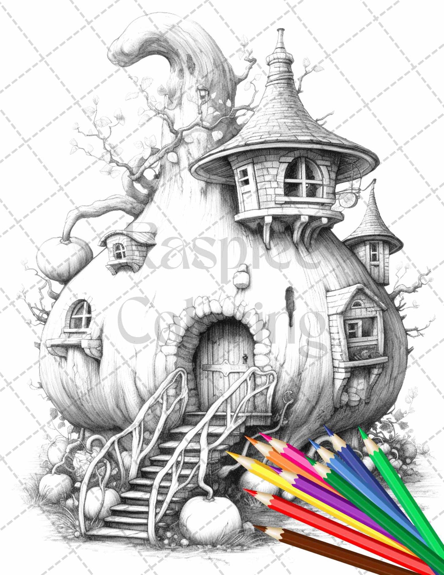 40 Pumpkin Fairy Houses Grayscale Coloring Pages Printable for Adults, PDF File Instant Download