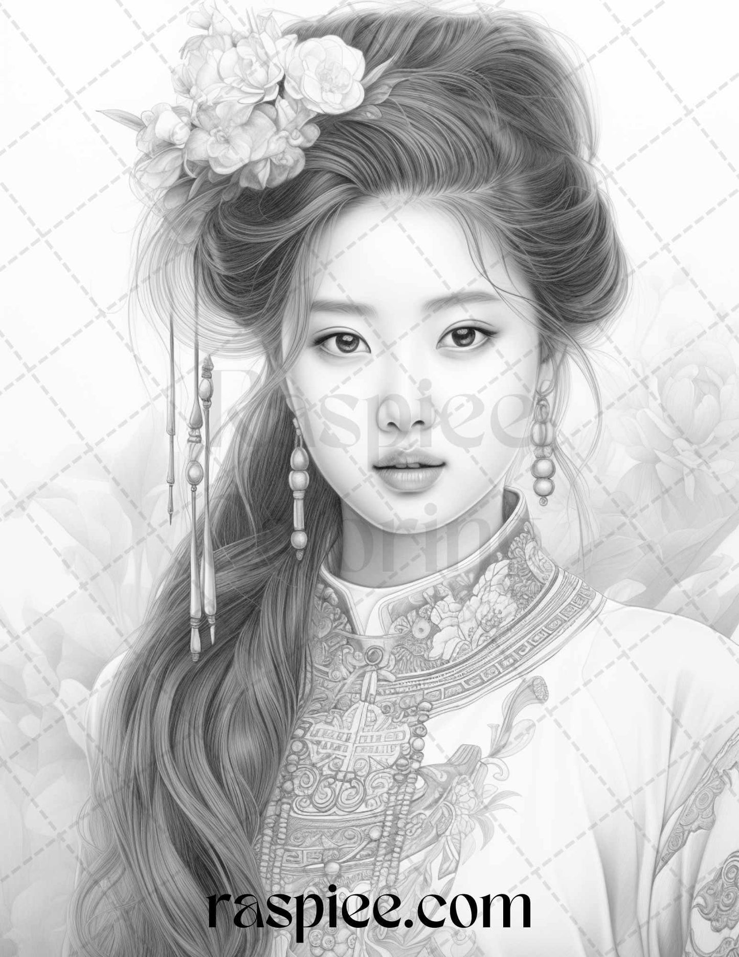 40 Beautiful Chinese Girls Grayscale Coloring Pages for Adults, Printable PDF File Instant Download