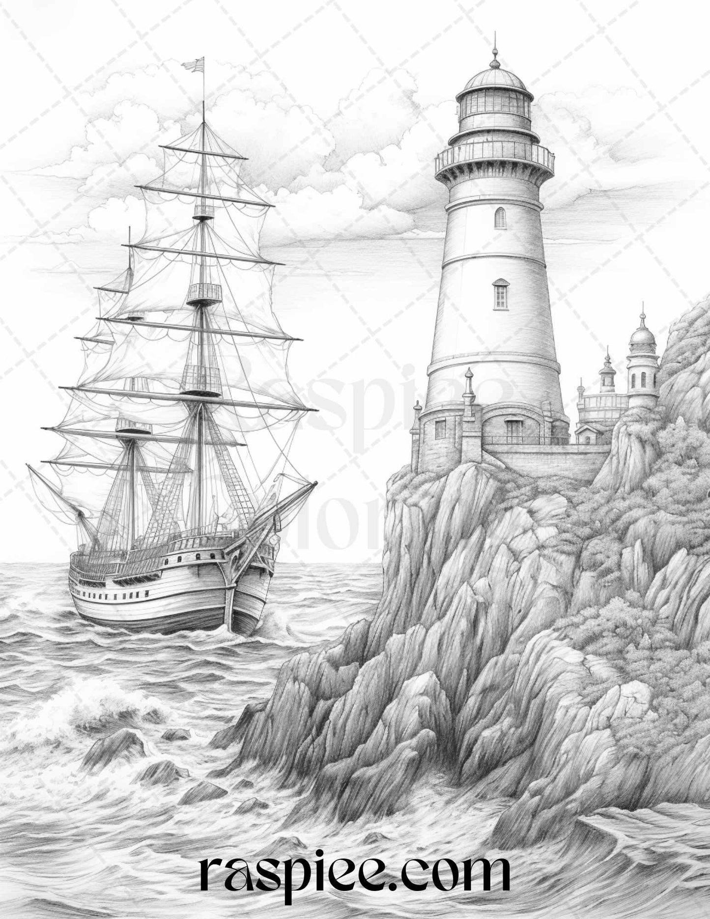 40 Majestic Lighthouses Grayscale Coloring Pages Printable for Adults, PDF File Instant Download