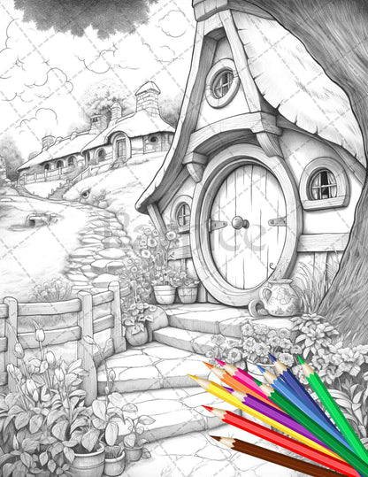 43 Enchanted Hobbiton Houses Grayscale Coloring Pages Printable for Adults, PDF File Instant Download