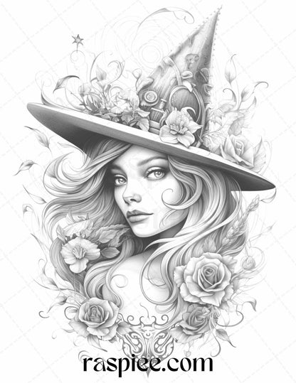 40 Witchy Land Grayscale Coloring Pages Printable for Adults, PDF File Instant Download