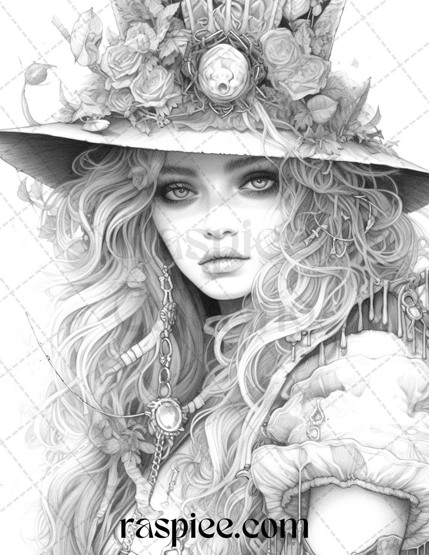 40 Beautiful Witches Grayscale Coloring Pages Printable for Adults, PDF File Instant Download