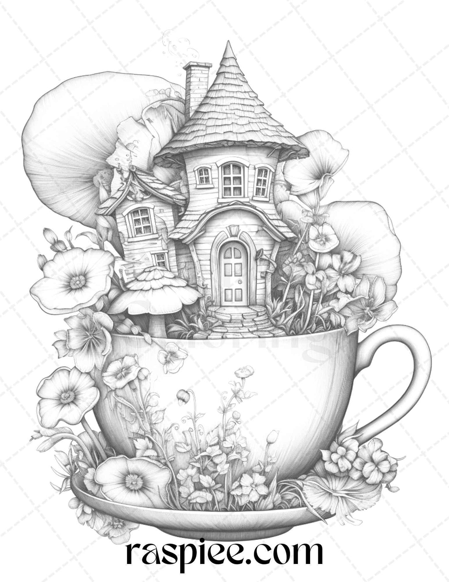 40 Flower Teacup Fairy Houses Grayscale Coloring Pages Printable for Adults, PDF File Instant Download