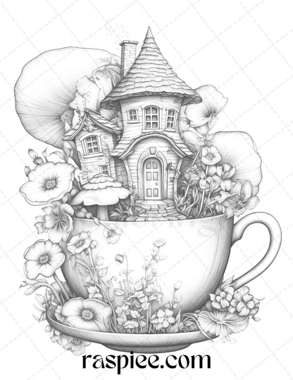 40 Flower Teacup Fairy Houses Grayscale Coloring Pages Printable for Adults, PDF File Instant Download