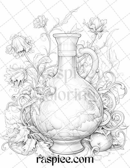 40 Mystical Magic Potions Grayscale Coloring Pages Printable for Adults, PDF File Instant Download