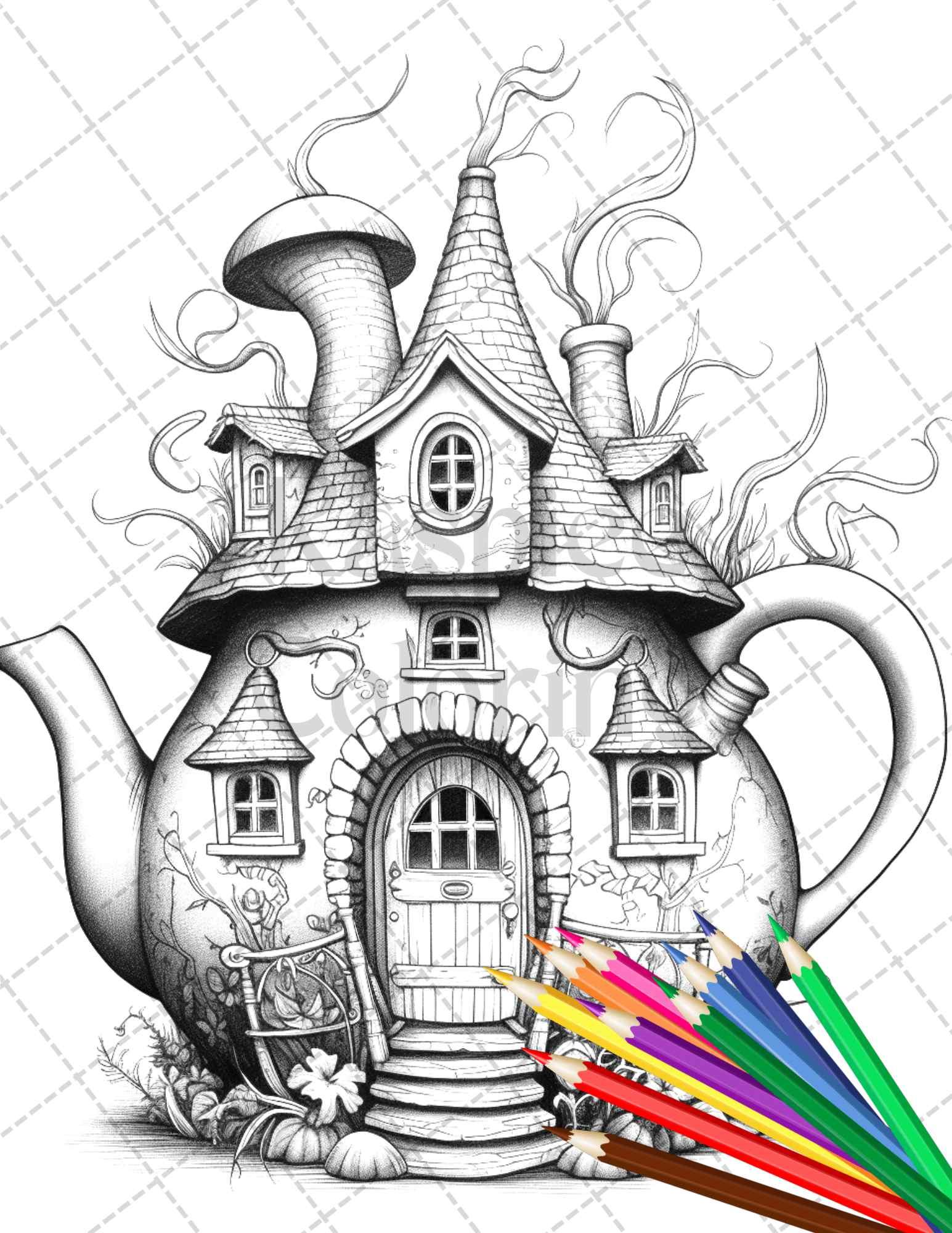 40 Teapot Fairy Houses Grayscale Coloring Pages Printable for Adults, PDF File Instant Download