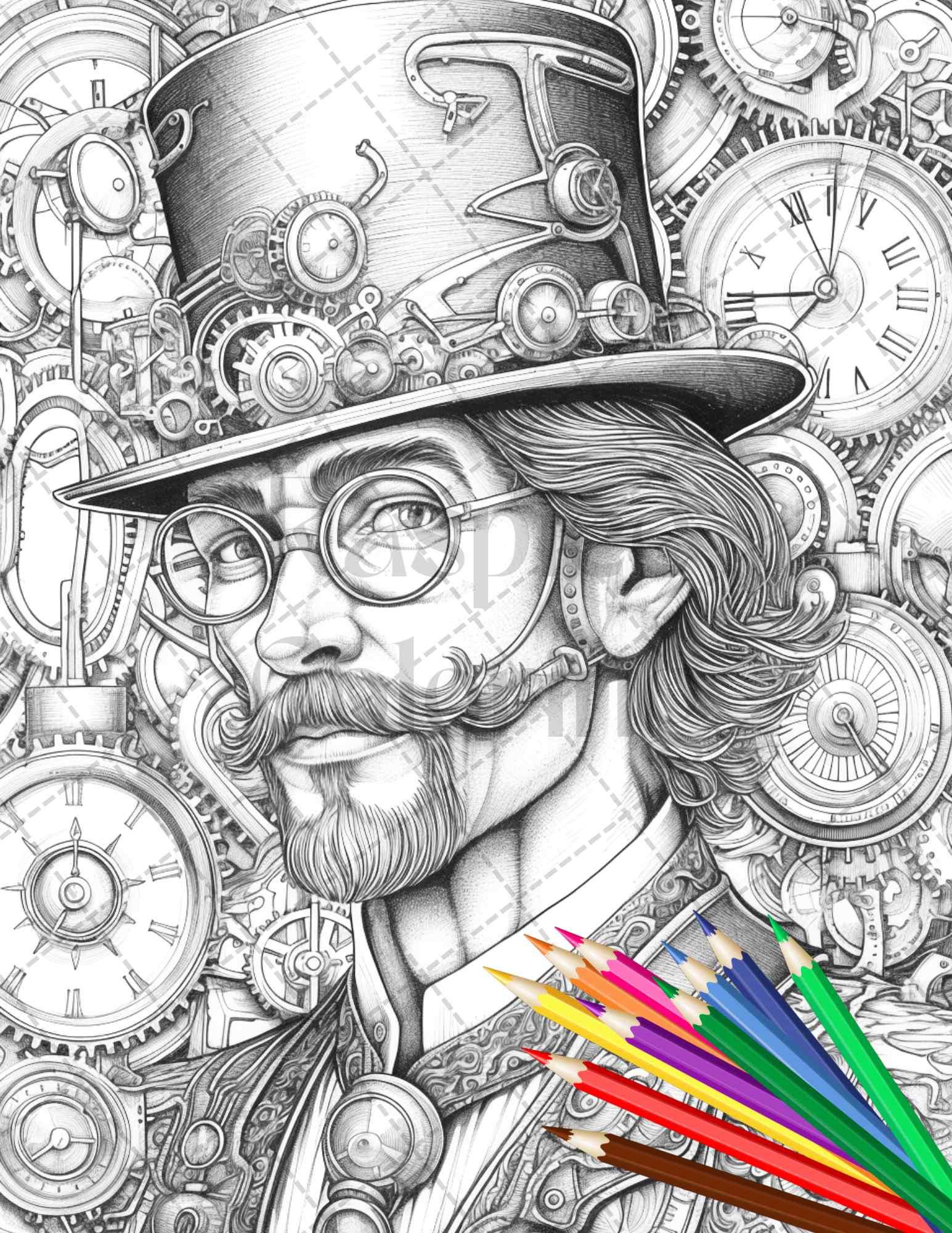 42 Steampunk Mens Grayscale Coloring Pages Printable for Adults, PDF File Instant Download