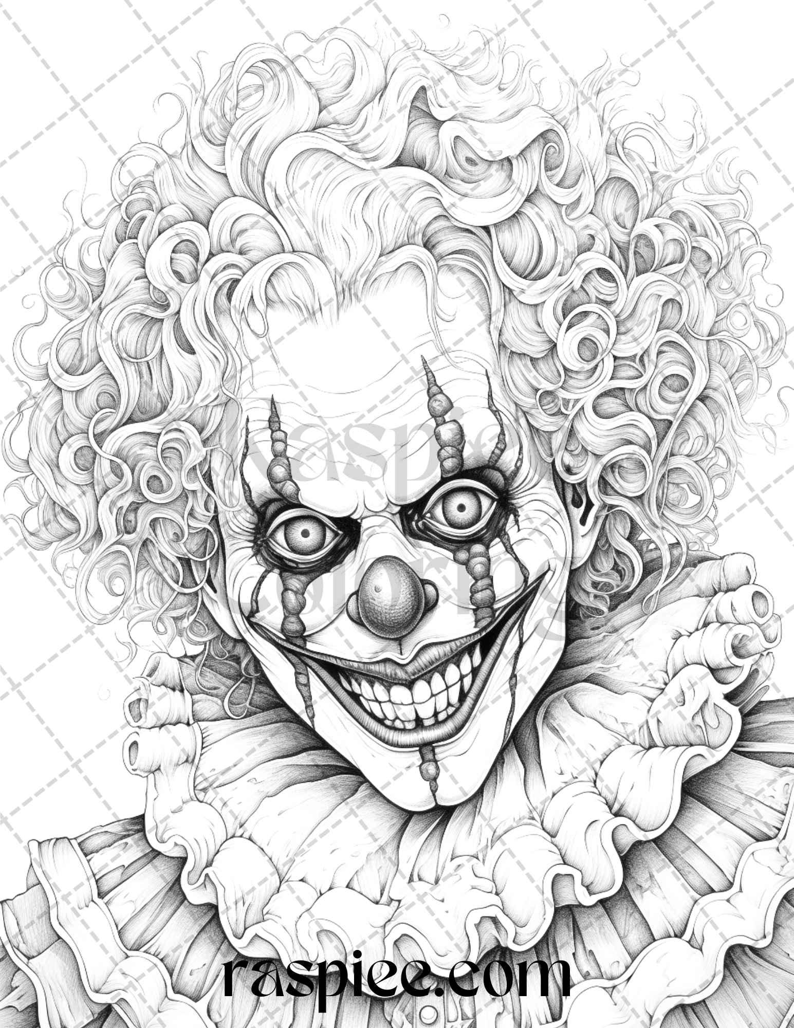 40 Spooky Clowns Grayscale Coloring Pages Printable for Adults, PDF File Instant Download