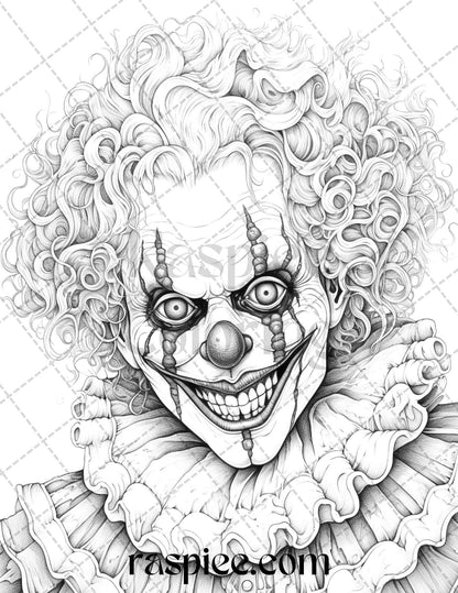 40 Spooky Clowns Grayscale Coloring Pages Printable for Adults, PDF File Instant Download