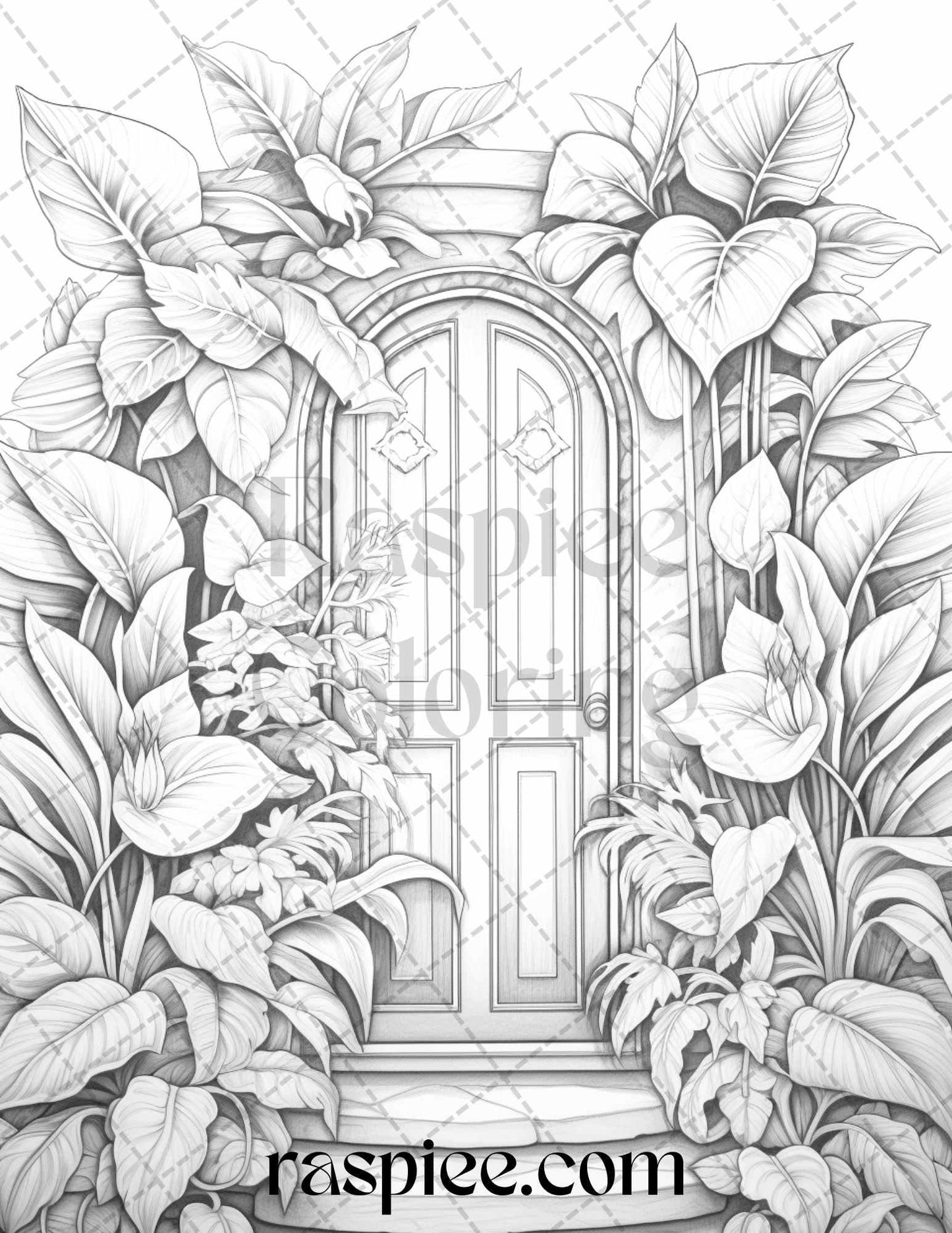 40 Flower Fairy Doors Grayscale Coloring Pages Printable for Adults, PDF File Instant Download