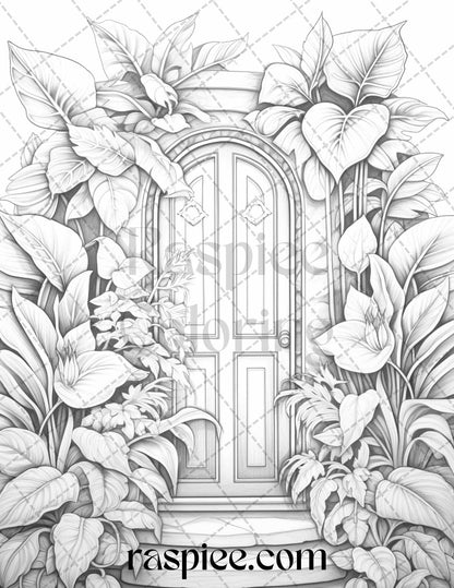 40 Flower Fairy Doors Grayscale Coloring Pages Printable for Adults, PDF File Instant Download