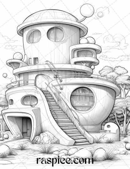 43 Futuristic Houses Grayscale Coloring Pages Printable for Adults, PDF File Instant Download