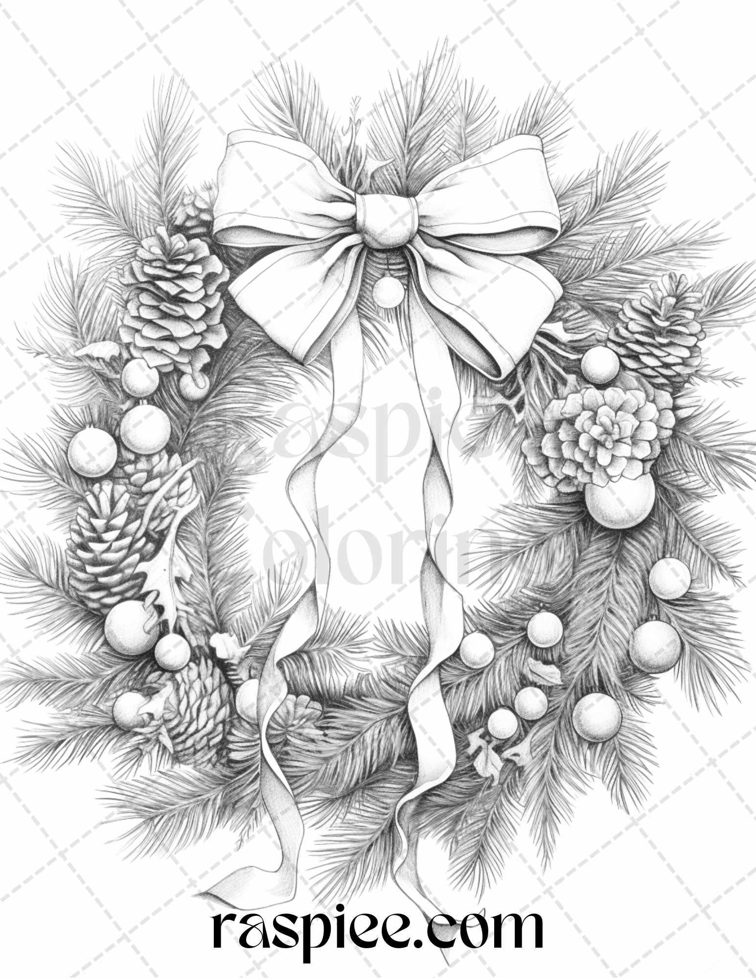 40 Christmas Wreath Grayscale Coloring Pages Printable for Adults, PDF File Instant Download