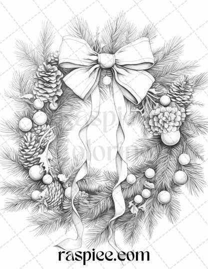 40 Christmas Wreath Grayscale Coloring Pages Printable for Adults, PDF File Instant Download