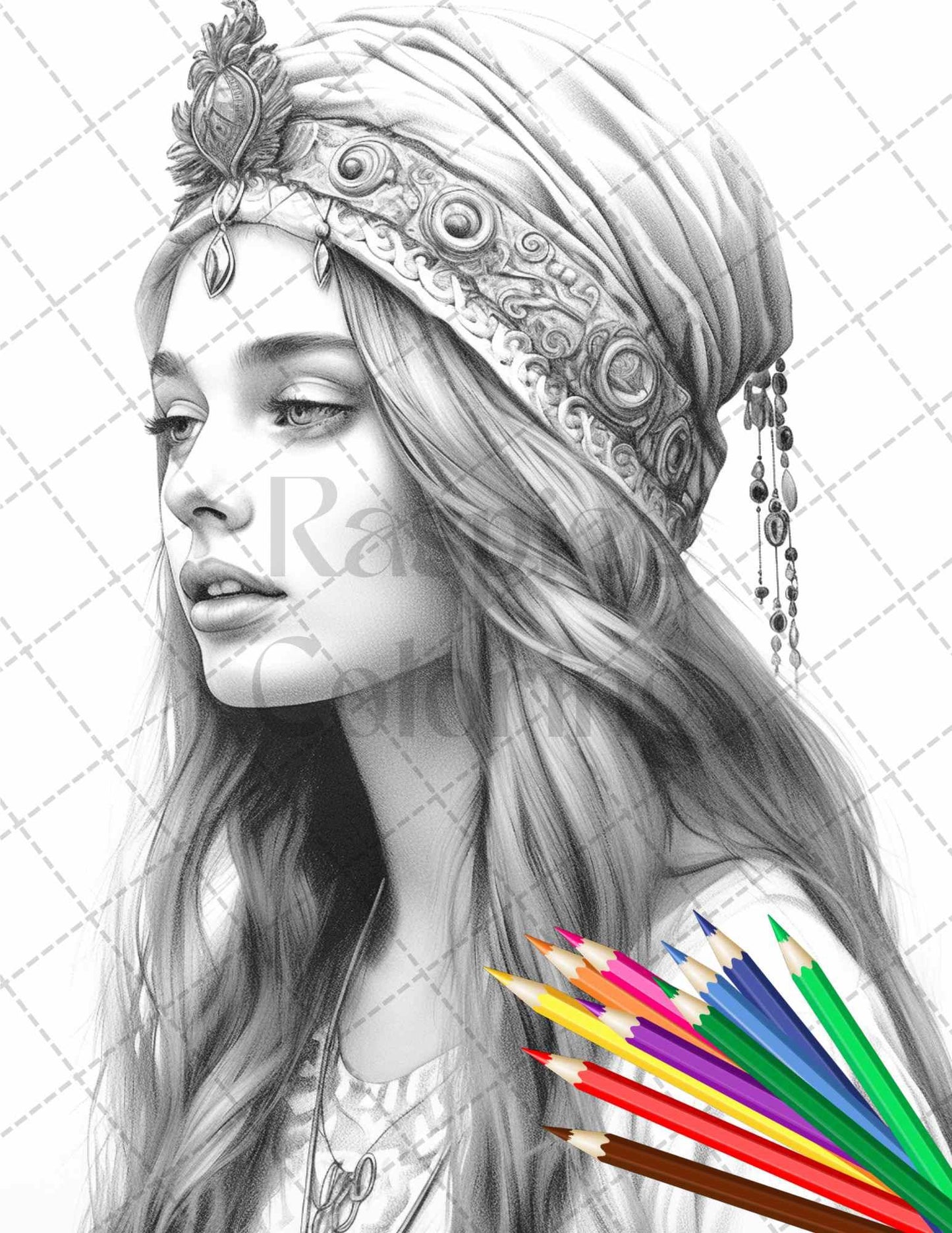 43 Beautiful Hippie Girls Grayscale Coloring Pages Printable for Adults, PDF File Instant Download