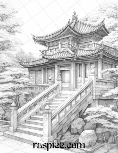 40 Traditional Chinese Houses Grayscale Coloring Pages Printable for Adults, PDF File Instant Download