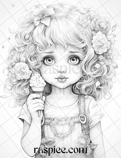 42 Adorable Girls with Ice Cream Grayscale Coloring Pages Printable for Adults Kids, PDF File Instant Download