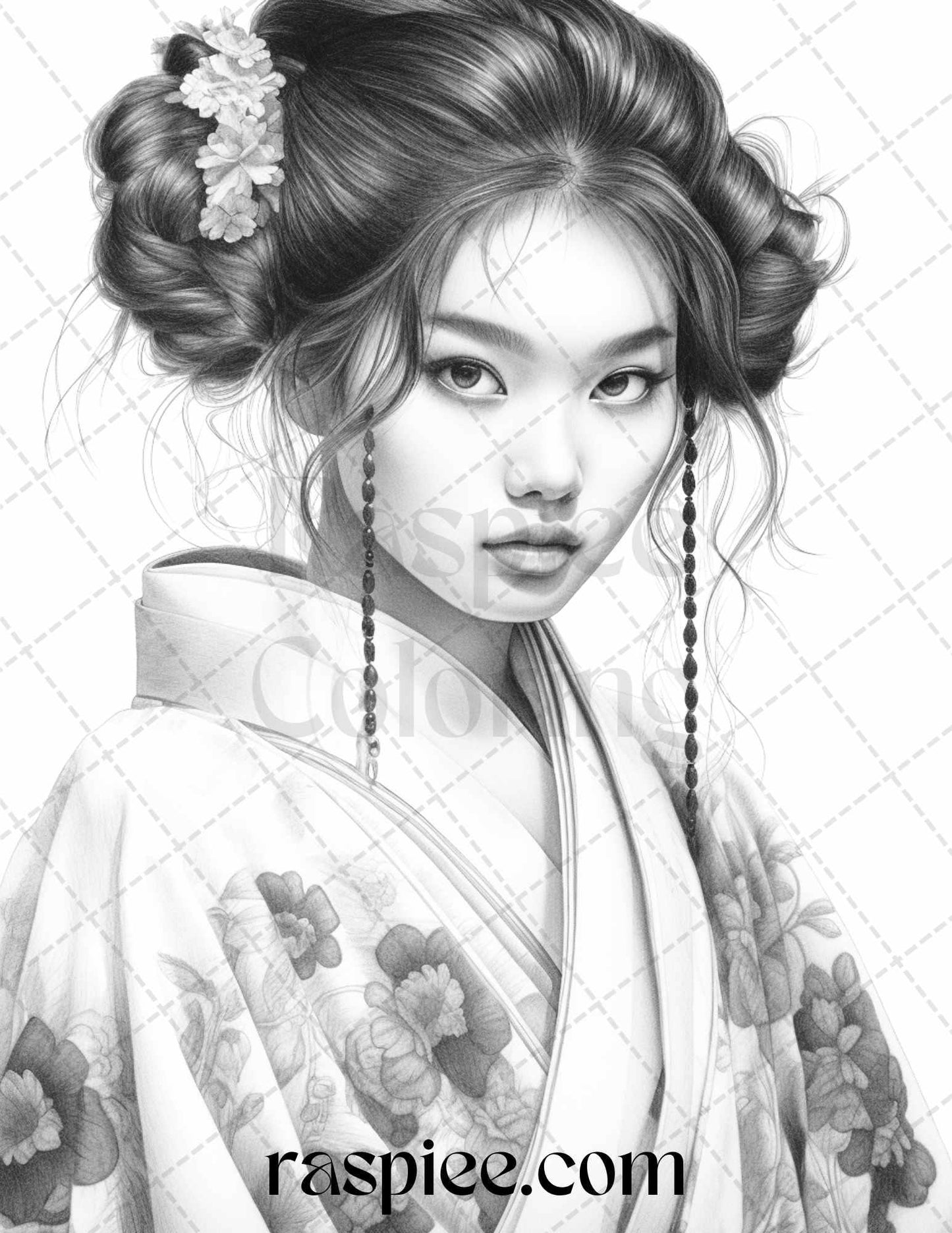 40 Beautiful Japanese Girls Grayscale Coloring Pages Printable for Adults, PDF File Instant Download