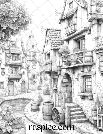 40 Fantasy Village Grayscale Coloring Pages Printable for Adults, PDF File Instant Download