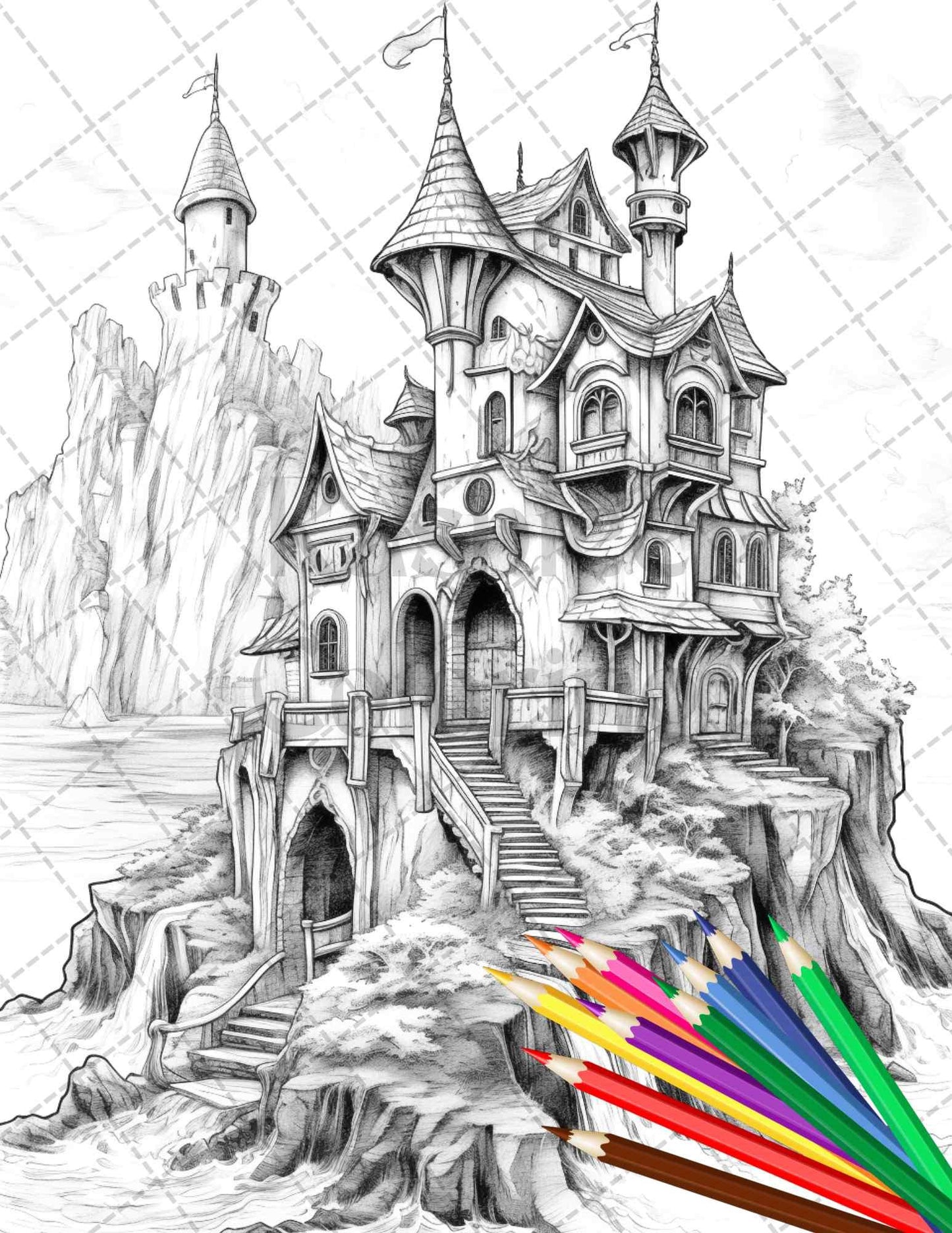 40 Creepy Gothic Houses Grayscale Coloring Pages Printable for Adults, PDF File Instant Download