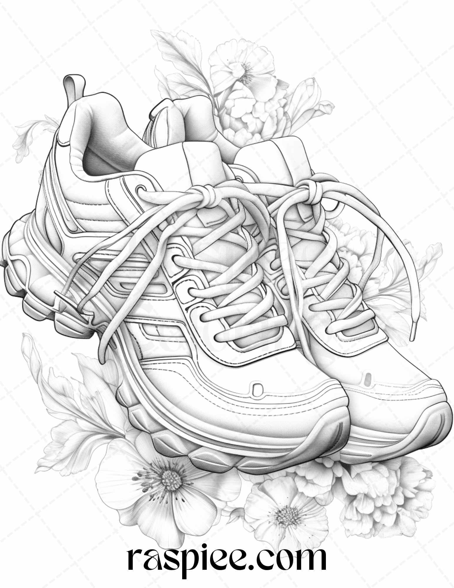 40 Flower Sneakers Grayscale Coloring Pages Printable for Adults, PDF File Instant Download