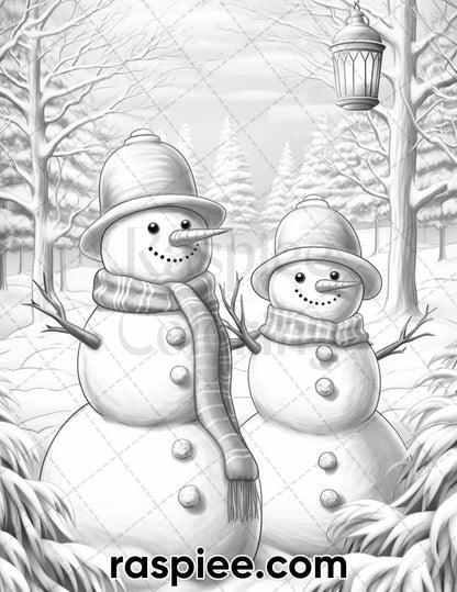 40 Chistmas Snowman Grayscale Coloring Pages for Adults, Printable PDF Instant Download