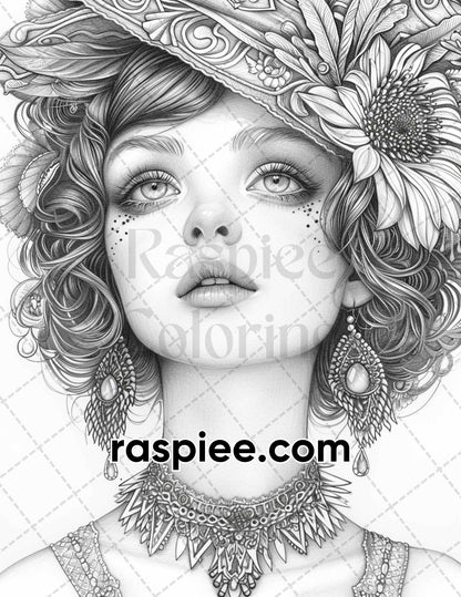 70 Gatsby Glamour Grayscale Adult Coloring Pages, Printable PDF Instant Download