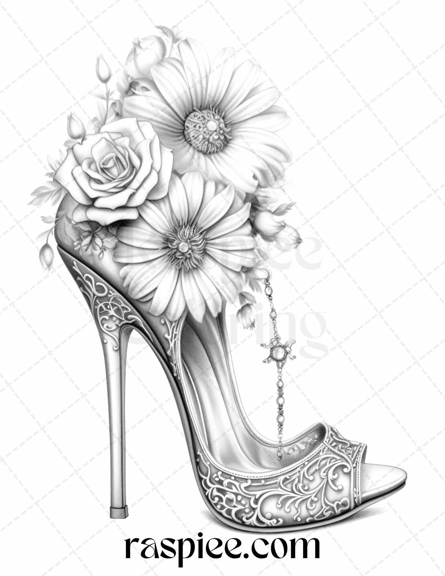 40 Flower Wedding Shoes Grayscale Coloring Pages Printable for Adults, PDF File Instant Download