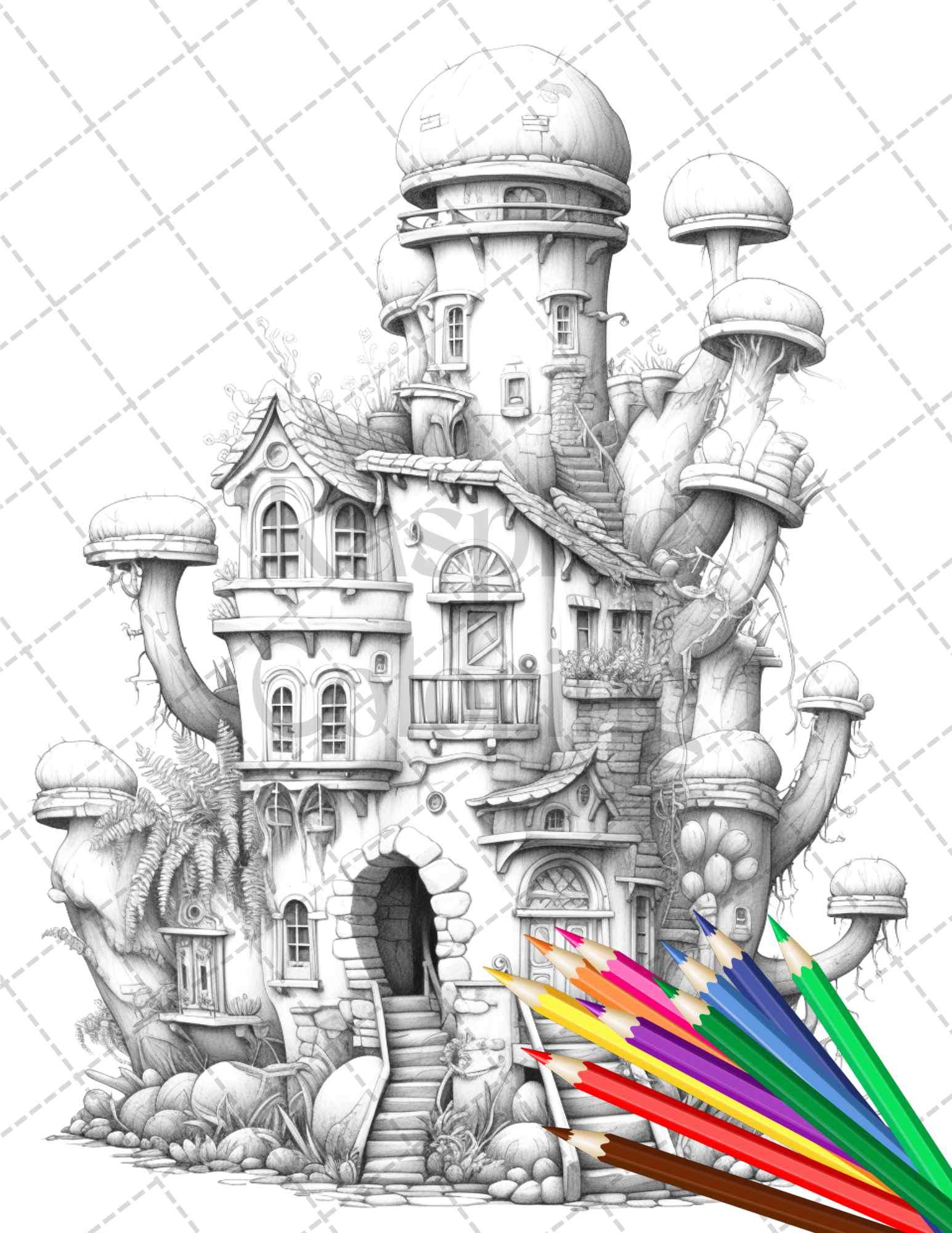 46 Fantasy Cactus Houses Grayscale Coloring Pages Printable for Adults, PDF File Instant Download