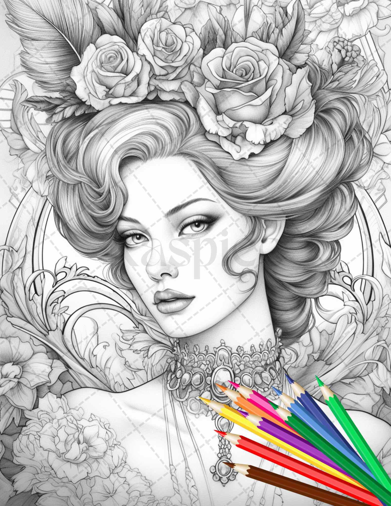 43 Beautiful Victorian Women Grayscale Coloring Pages Printable for Adults, PDF File Instant Download