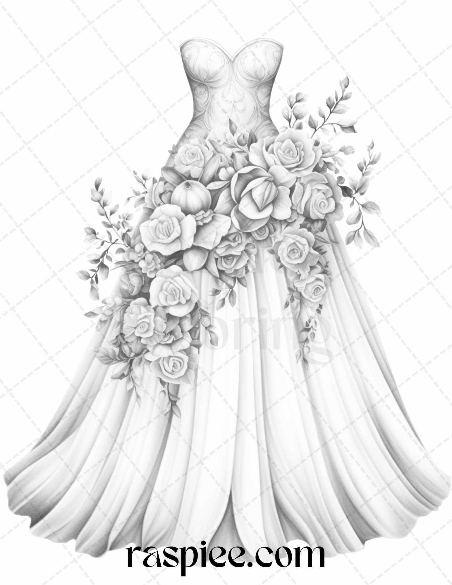 40 Elegant Floral Wedding Dresses Grayscale Coloring Pages Printable for Adults, PDF File Instant Download