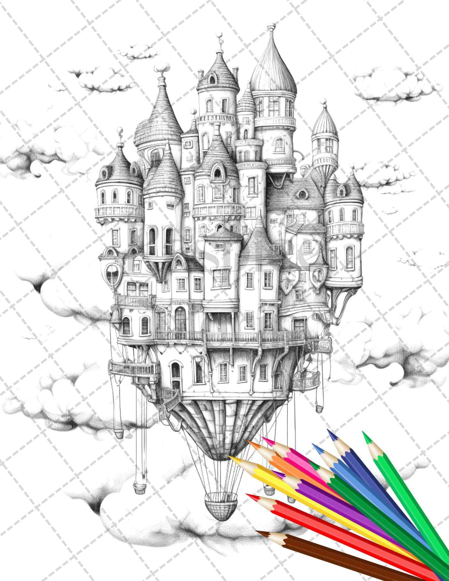 40 Fantasy Sky Houses Grayscale Coloring Pages Printable for Adults, PDF File Instant Download