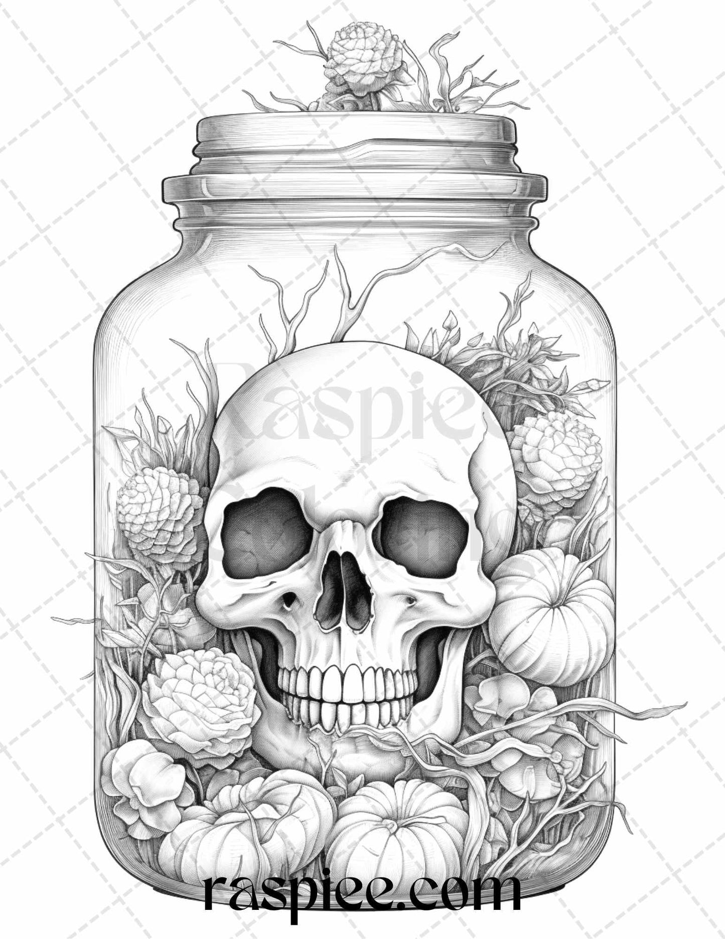 40 Halloween in Jar Grayscale Coloring Pages for Adults, Printable PDF File Instant Download