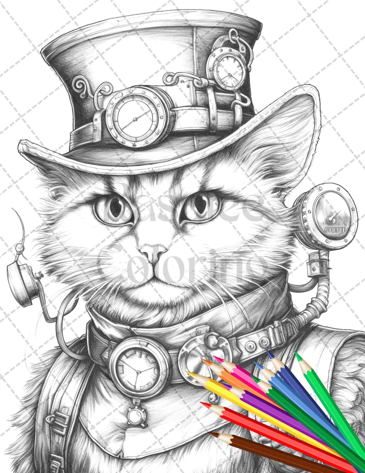 45 Steampunk Animals Grayscale Coloring Pages Printable for Adults Vol. 2, PDF File Instant Download