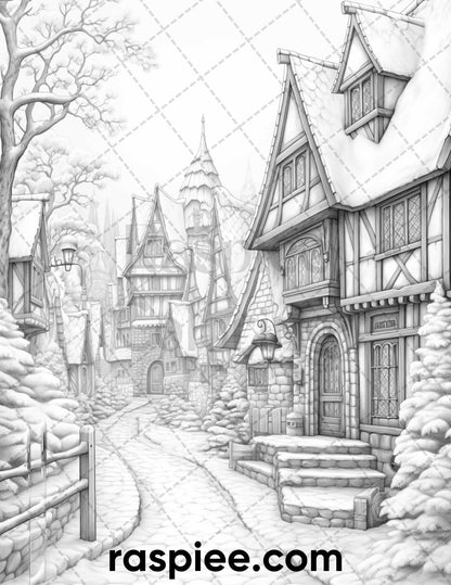 40 Fantasy Winter Village Grayscale Coloring Pages for Adults, PDF File Instant Download