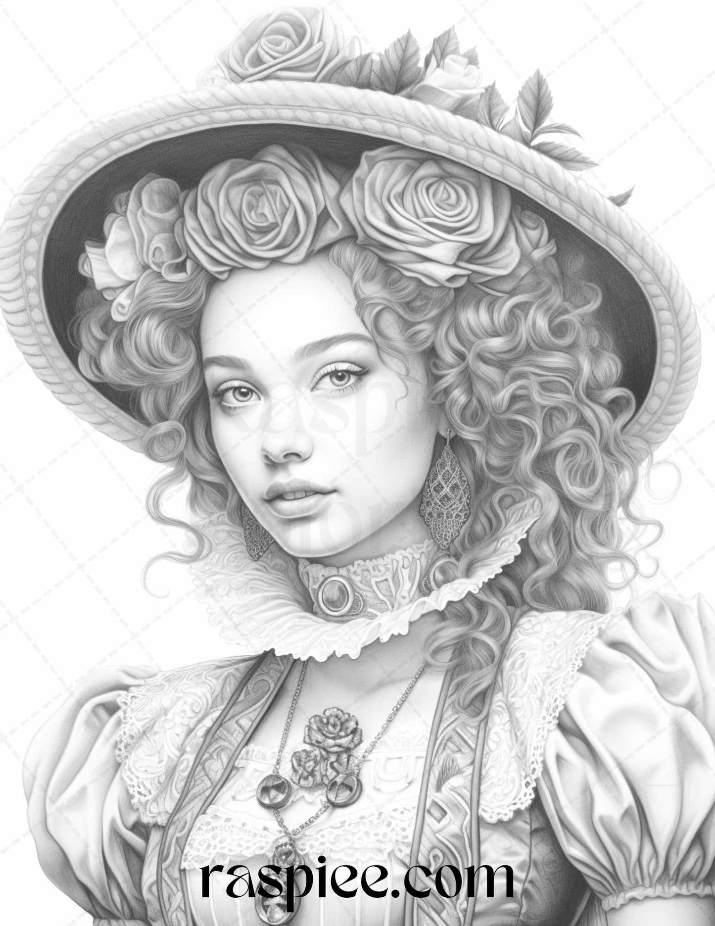 40 Baroque Women Portrait Grayscale Adult Coloring Pages Printable, PDF File Instant Download