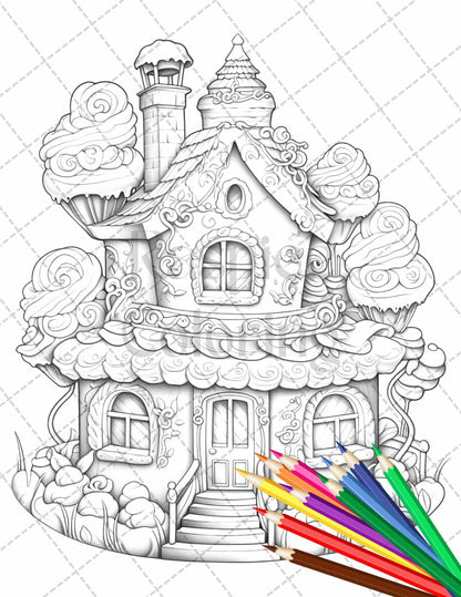 50 Adorable Cake Houses Grayscale Coloring Pages Printable for Adults and Kids, PDF File Instant Download