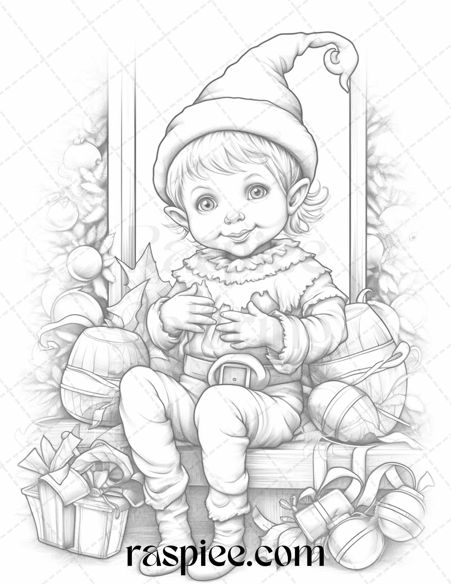 110 Christmas Elves Grayscale Coloring Pages Printable for Adults Kids, PDF File Instant Download