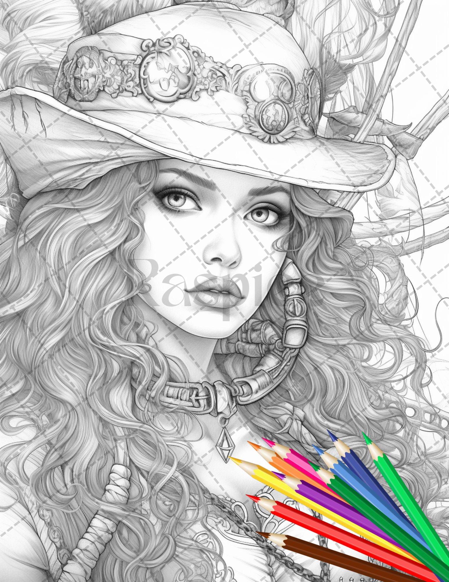 48 Beautiful Pirate Princess Coloring Book Printable for Adults, Grayscale Coloring Page, PDF File Instant Download