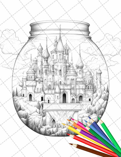 42 Fantasy Castle In Jar Grayscale Coloring Pages Printable for Adults, PDF File Instant Download