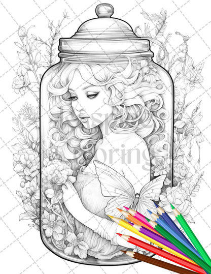 40 Beautiful Fairies in Jar Grayscale Coloring Pages Printable for Adults, PDF File Instant Download