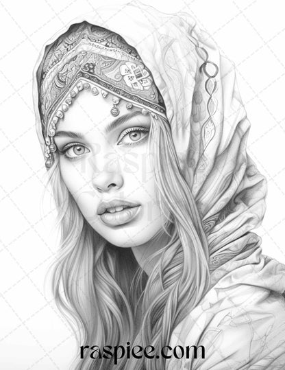 40 Beautiful Gypsy Girls Grayscale Coloring Pages Printable for Adults, PDF File Instant Download