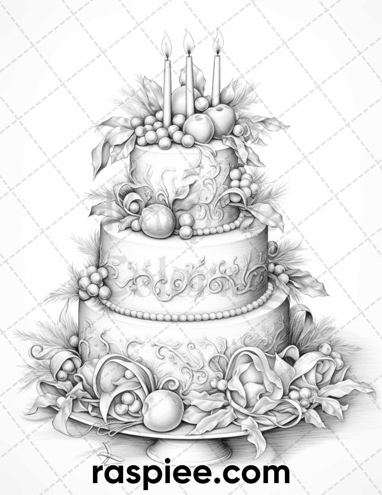 45 Christmas Cakes Grayscale Coloring Pages for Adults, Printable PDF File Instant Download