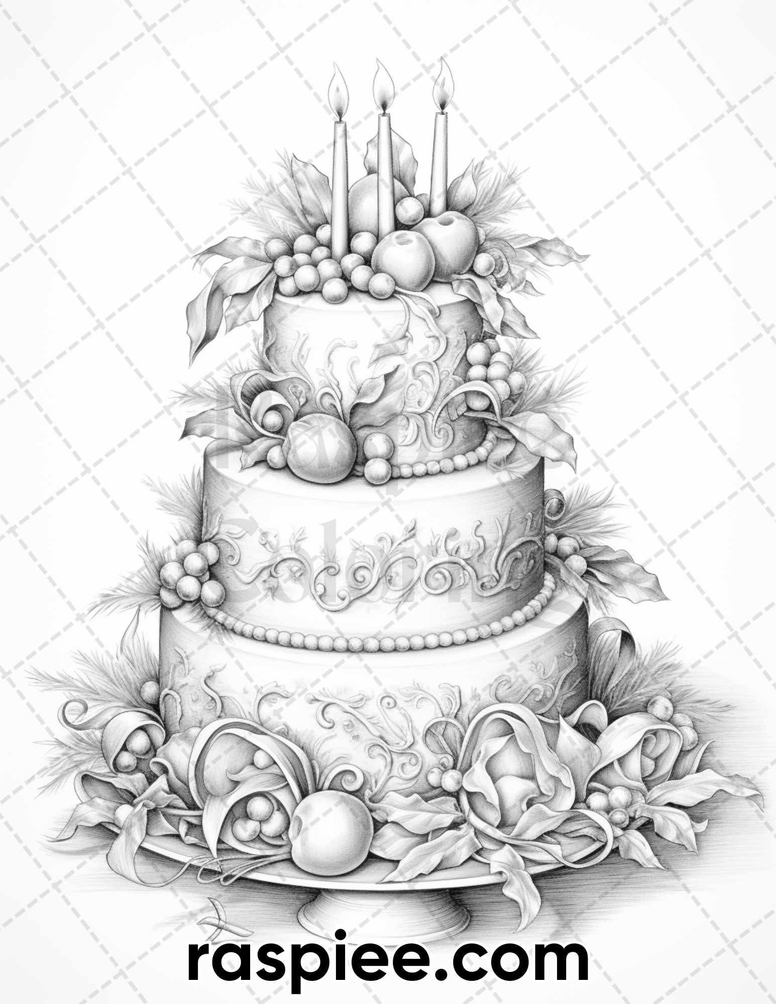 45 Christmas Cakes Grayscale Coloring Pages for Adults, Printable PDF File Instant Download