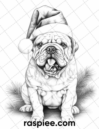 45 Christmas Dogs Grayscale Coloring Pages for Adults, Printable PDF Instant Download