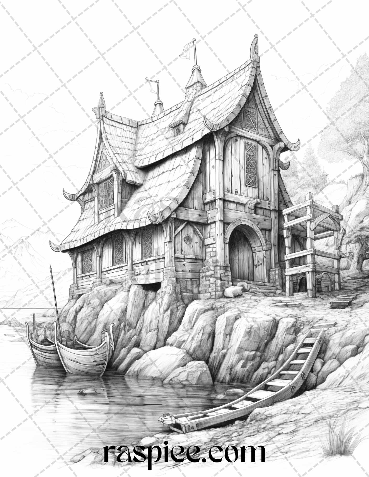 40 Viking Houses Grayscale Coloring Pages Printable for Adults, PDF File Instant Download