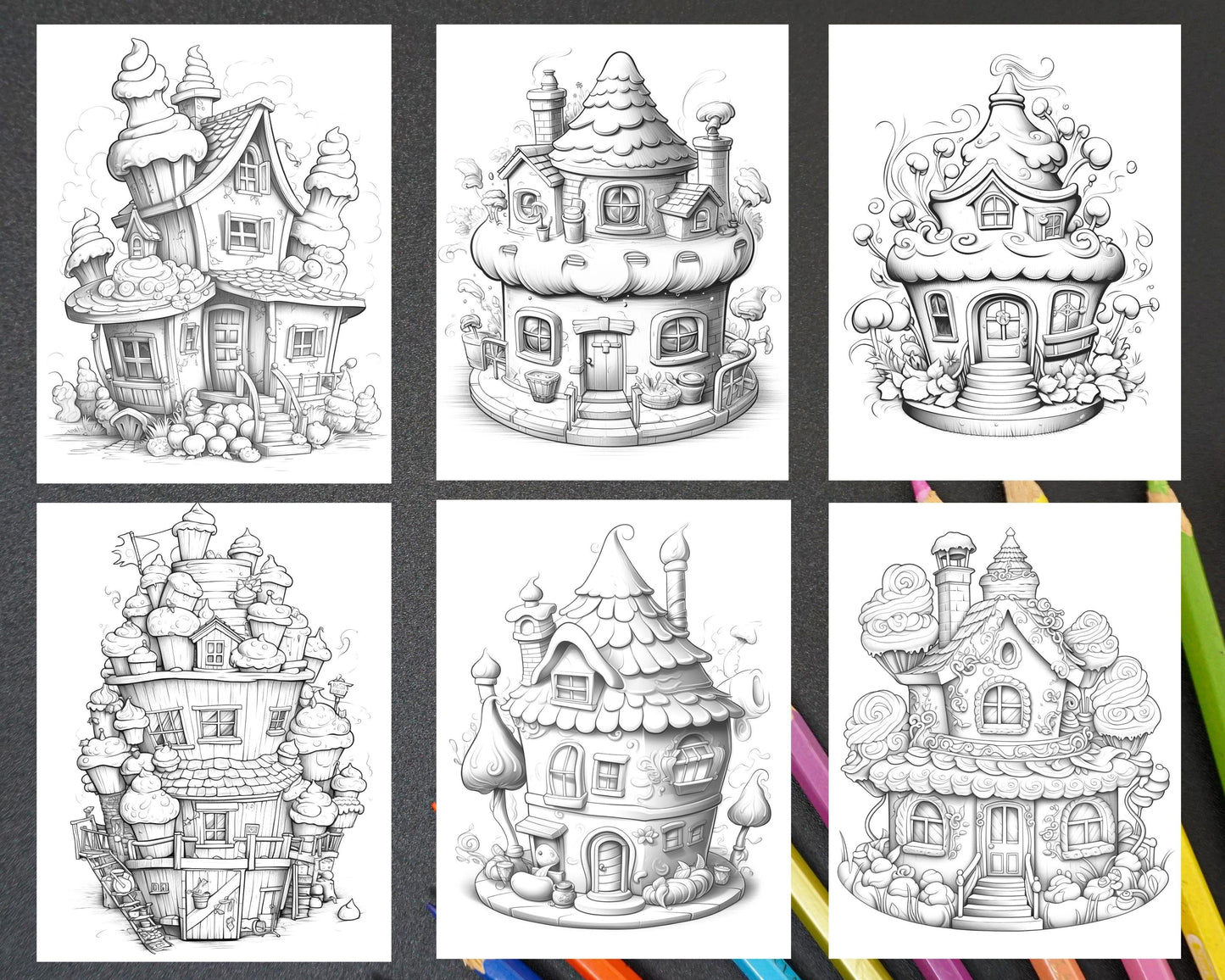 50 Adorable Cake Houses Grayscale Coloring Pages Printable for Adults and Kids, PDF File Instant Download