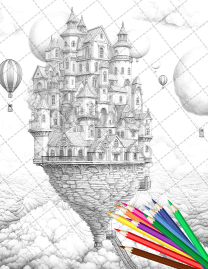 40 Fantasy Sky Houses Grayscale Coloring Pages Printable for Adults, PDF File Instant Download