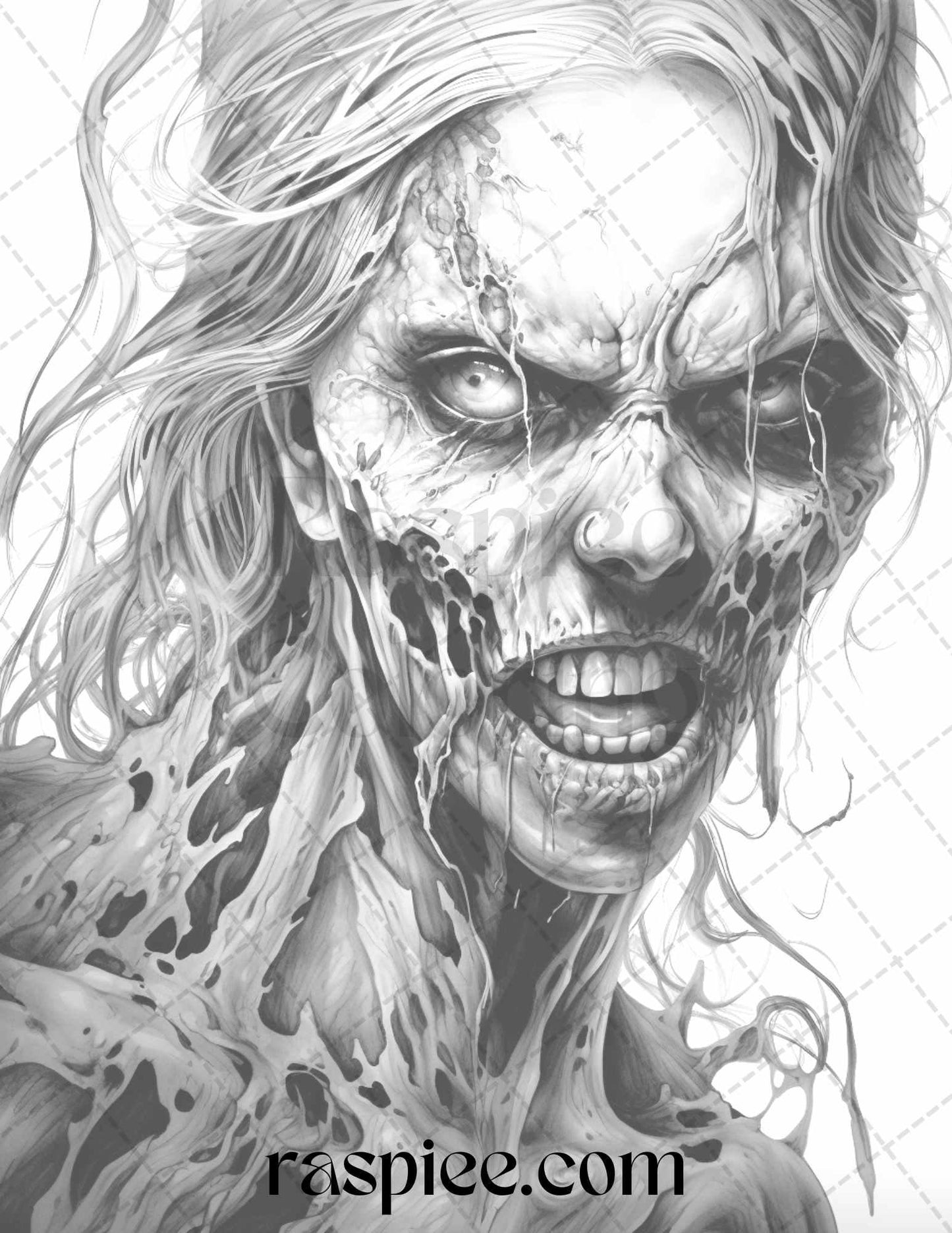 40 Scary Zombie Girls Grayscale Coloring Pages Printable for Adults, PDF File Instant Download